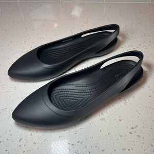 Crocs Women's Eve Sling Back Shoes Black Ballet Flat Pointed Toe Office Casual 8